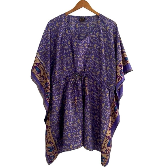 Whoes Sari is Now Dresses & Skirts - Whose Sari is Now Women’s Sz L Silk Kaftan Dress Artsy Boho Patterned Purple
